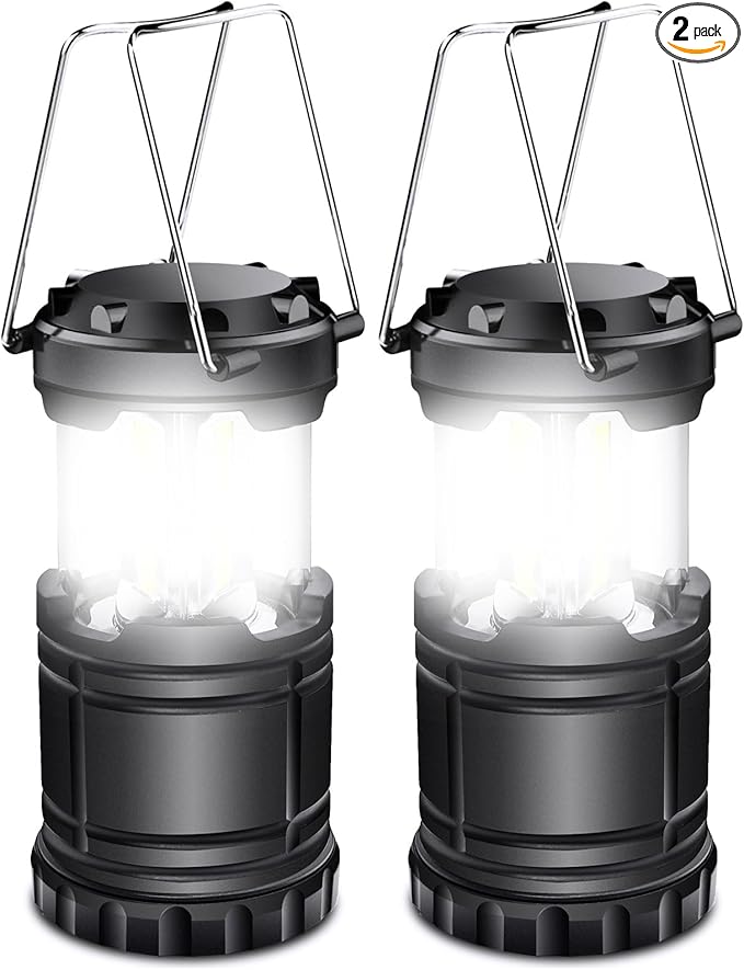 EXTRASTAR 2 Pack LED Battery Operated Lights, Portable Survival Battery Powered Lamp, Waterproof Camping Lantern, Suitable for Hurricane, Emergency, Storm, Outages, Outdoor Collapsible Lanterns, Black