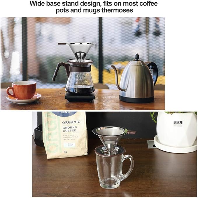 Pour Over Coffee Dripper, Reusable Paperless Coffee Filter,Professional Stainless Steel Drip Cone Brew Coffee Strainer,Upgraded Double Micro Mesh Filter with Cup Stand,1-2 Cup