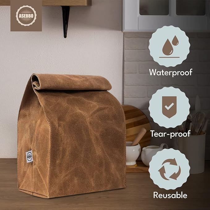 Waxed Canvas Lunch Bag – Reusable Insulated Paper Bag-Style Lunchbox for Adults – Leakproof & Durable Sack Lunch Box for Work, Picnic & Travel – Stylish Brown Bag Cooler with Shoulder Strap
