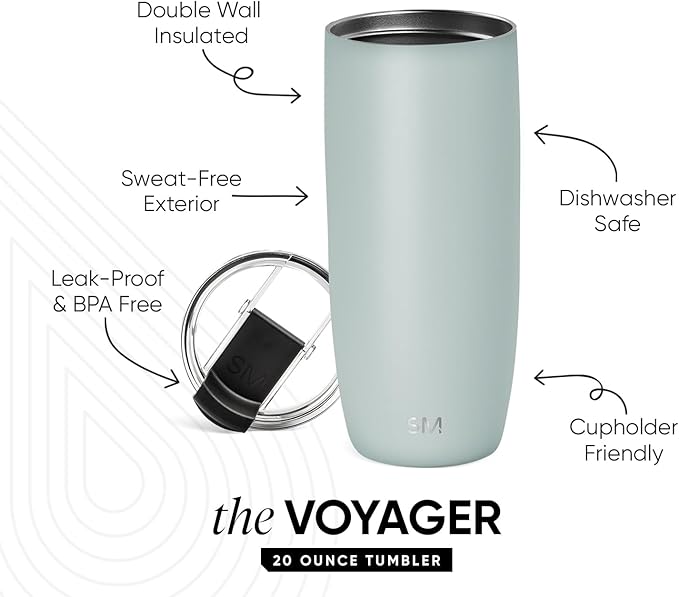 Simple Modern Travel Coffee Mug Tumbler with Flip Lid | Reusable Insulated Stainless Steel Cold Brew Iced Coffee Cup Thermos | Gifts for Women Men Him Her | Voyager Collection | 20oz | Sea Glass Sage