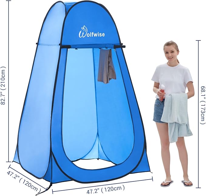 WolfWise Portable Pop Up Privacy Shower Tent, Spacious Changing Room, Dressing Room, Sun Sunshade Canopy Outdoor Rain Shelter, Backpack Privacy Shelters for Camping, Hiking, Beach, Toilet, Large Blue