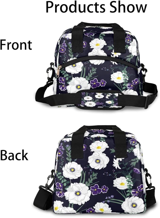 Flower Floral White Insulated Lunch Bags for Women Men Adult Reusable Lunch Tote Therma Cooler Bag with Shoulder Strap Lunch Box for School Work Office Picnic Meal Prep Bag