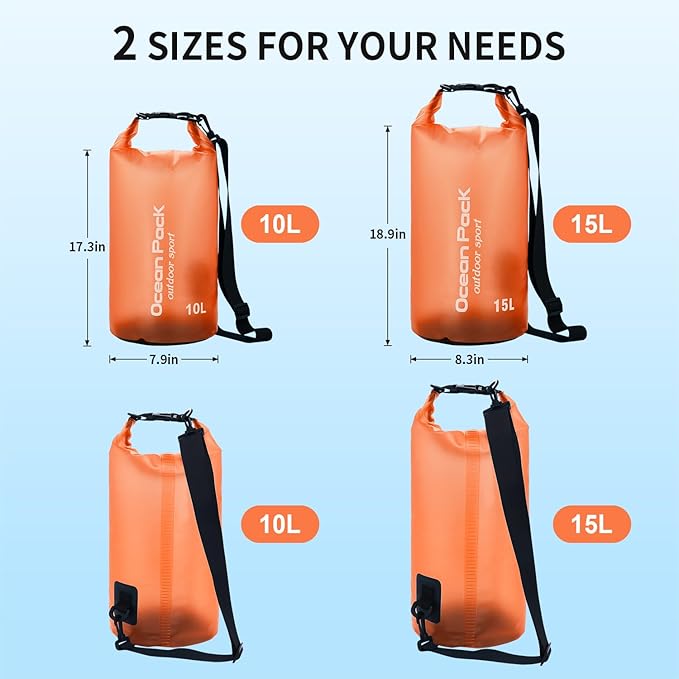 Waterproof Dry Bag for Women Men,10L/15L Roll Top Lightweight Dry Storage Bag Backpack,Floating Sack with Waterproof Phone Case, Kayaking,Swimming, Camping, Hiking, Beach (Orange, 10L)