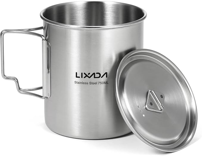 Lixada 750ml Camping Cup Pot Cup Stainless Steel Water Cup Mug with Foldable Spoon for Outdoor Camping Hiking Backpacking