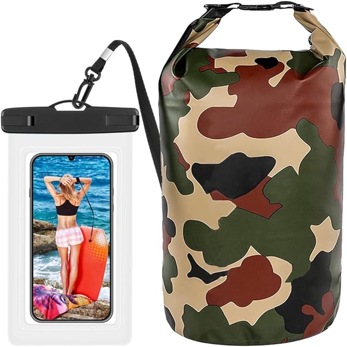 Waterproof Dry Bag 2L/5L/10L/20L/30L, Dry Sack for Kayaking Rafting Boating Beach Surfing Swimming, Camping, Hiking, Beach, Fishing Green Backpack with Waterproof Phone Case