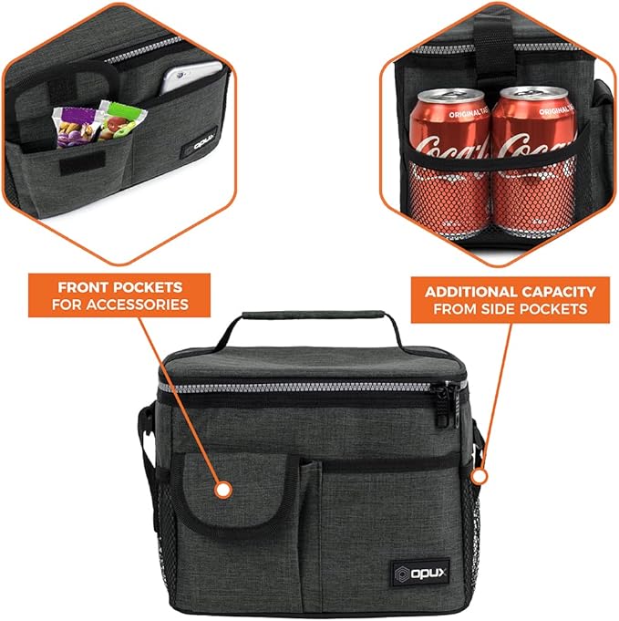 opux Insulated Lunch Bag for Men Women, Leakproof Charcoal Grey Lunch Box for Work, Portable Soft Lunch Cooler Bag with Shoulder Strap, Adult Lunchbox Lunch Pail for Kid Boy Girl School, 14 Can/8L