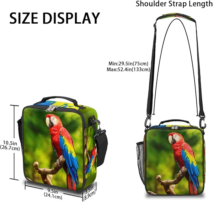 Parrot Lunch Bag, Tropical Bird Parrot Kids Lunch Box Reusable Insulated Lunch Bag for Boys Girls Back to School Thermal Cooler Lunch Tote Leakproof Lunch Box with Shoulder Strap for School Daycare