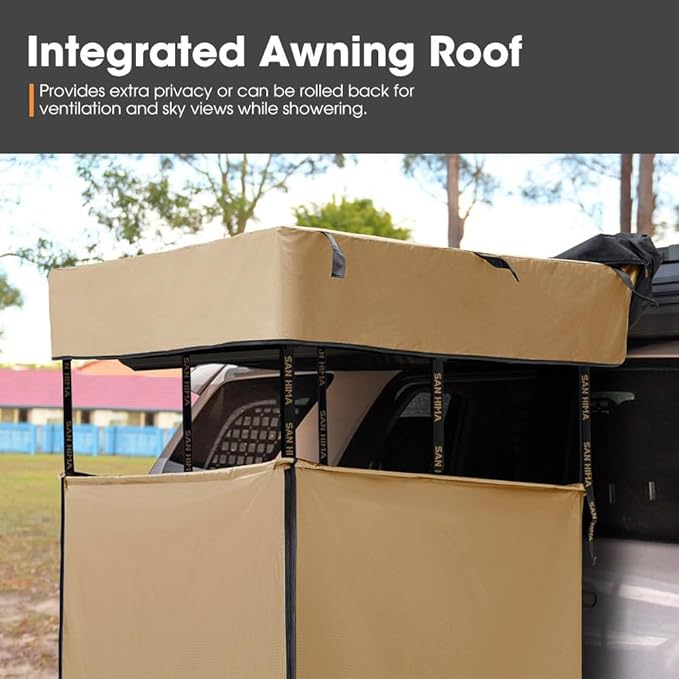 SanHima Awning Shower Tent with Roof - Car Side Shower Room w/LED Light, Camping Waterproof Portable Privacy Shelter Bathroom Overland, Khaki