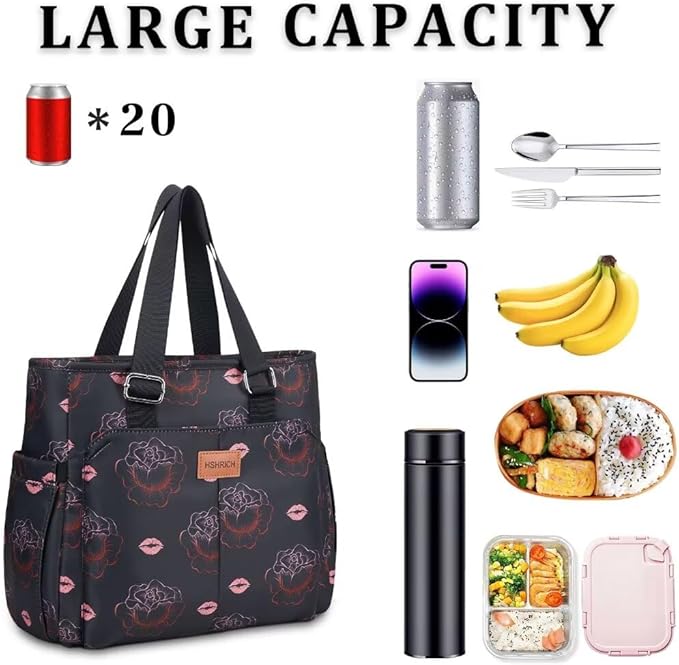 Large Women Lunch Bags for Work/Insulated Adult Lunch Box for Women/Leakproof Cooler Lunch Tote Bag with Storage Pocket. Reusable Lunch Cooler Purse for Work Picnic Hiking 14L,Black Rose