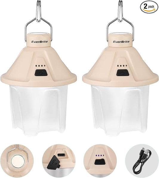 EverBrite 450LM Camping Lantern, USB C Rechargeable Camping Lantern with Magnetic Top&Hanging Hook, 5 Lighting Modes, for Christmas Decorations, Camping, Barbecue, Hiking and Reading, Pack of 2