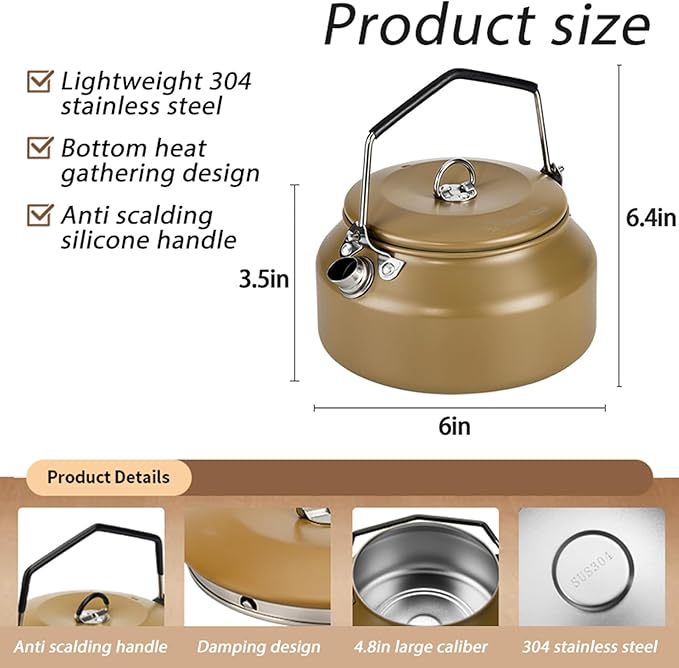 Camping Kettle Outdoor Campfire Camp Kettle, 1L Stainless Steel Camp Tea Coffee Pot, Portable Lightweight Teapot Fast Heating Boiling Water, Ideal for Hiking Picnic Travel, Brown