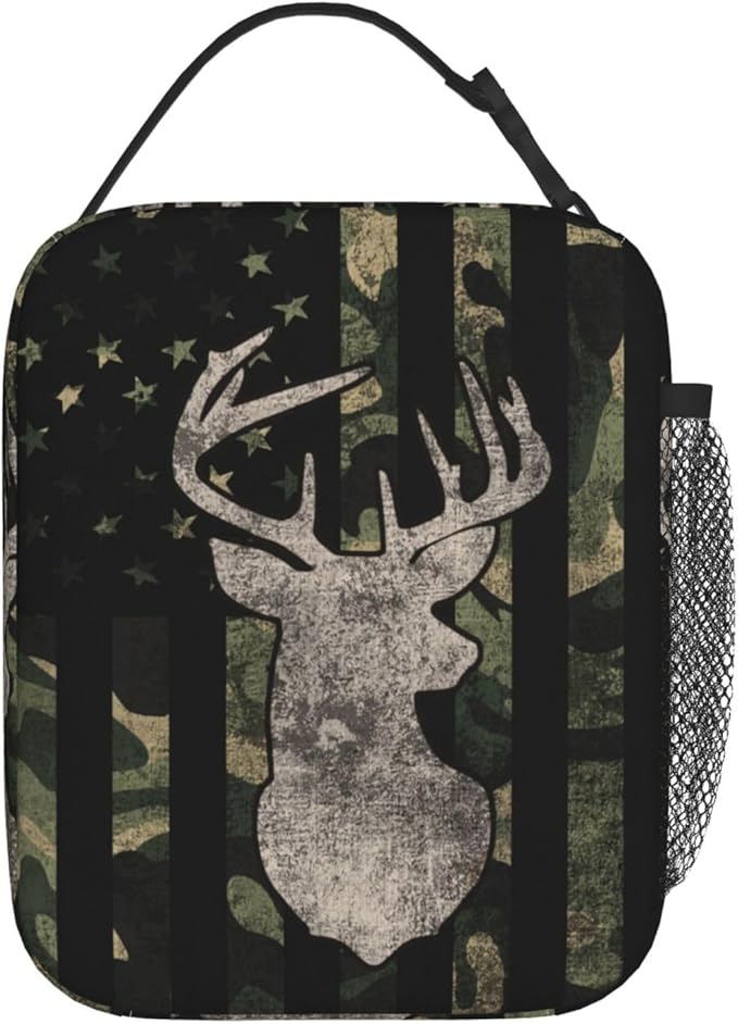 Camouflage Hunting Tactical Deer Camo American Flag Lunch Box Insulated Lunch Bag for Kids Boys Girls, Portable Kids Lunch Box Reusable Cooler Totes for School Work Picnic