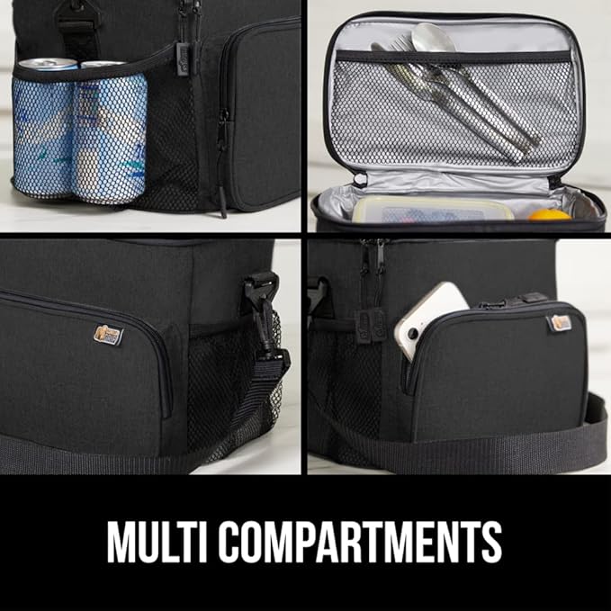 GORILLA GRIP Reusable Insulated Lunch Box Bag for Women Men,15L, Leakproof XL Soft Cooler Bags, Multiple Compartments, Mesh Pockets and Adjustable Strap, Food Tote Keeps Drinks Cold, 13x9, Black