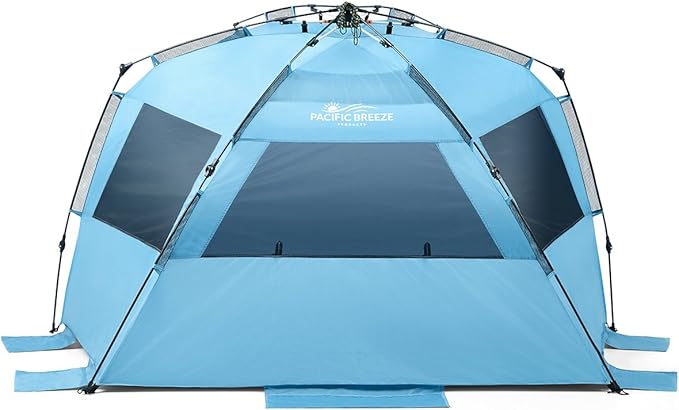 Pacific Breeze Easy Setup Beach Tent, SPF 50+ Pop Up Beach Tent Provides shelter from The Sun for 4+ People