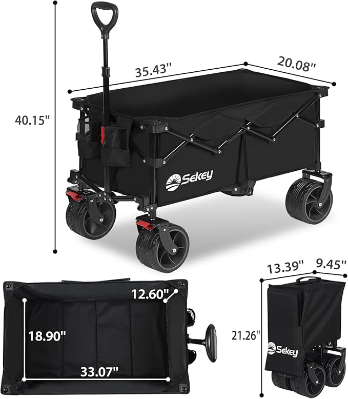 Sekey 330lbs Collapsible Foldable Wagon with Large Capacity, Heavy Duty Folding Utility Garden Cart with Big All-Terrain Beach Wheels & Drink Holders. Black