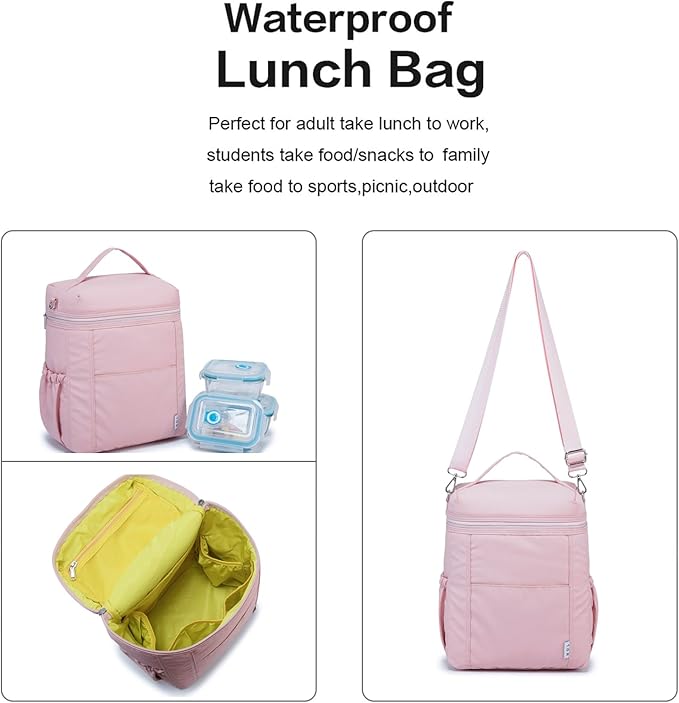 NOL Natural Organic Lifestyle Insulated Lunch Bags for Women Cooler Bag Lightweight Nylon Waterproof Lunch Box For Work (Pink, Large)