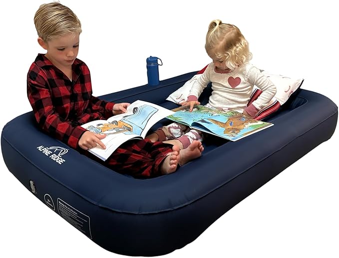 Toddler Travel Bed – Portable Nylon Toddlers Bed with 4-Sided Bumpers – Inflatable Toddler Travel Bed for Camping, Sleepovers – Kids Air Mattress with Built-in Foot Pump