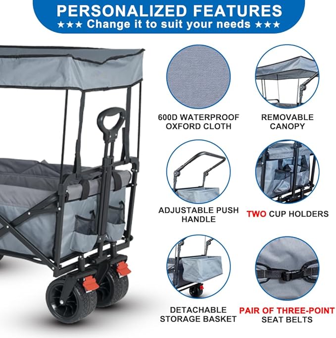 Collapsible Wagon with Removable Canopy, 3-in-1 Heavy Duty Garden Cart with Big All-Terrain Wheels, Brakes, Adjustable Push Pull Handle, Cooler Bag, 300LBS Wagon Cart for Camping (Grey)