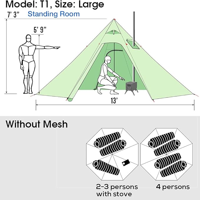 4 Persons 5lb Lightweight Tipi Hot Tents with Stove Jack, 7'3" Standing Room, Teepee Tent for Hunting Family Team Backpacking Camping Hiking