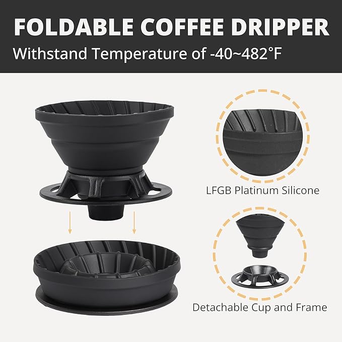 Portable Pour Over Coffee Maker Set, Collapsible Silicone Coffee Dripper Set, Perfect for Travel, Camping, Home (BLACK CUP 2CUP)