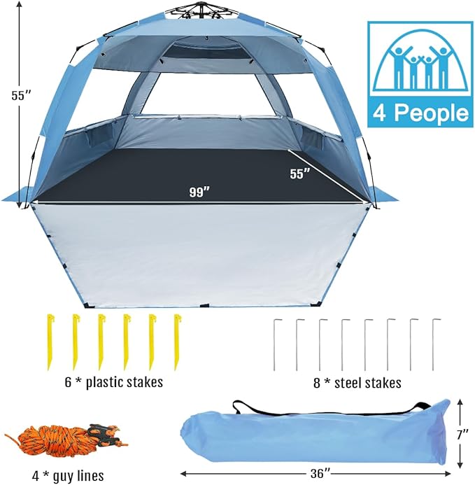 WhiteFang Deluxe Pop Up Beach Tent Sun Shade Shelter for 3-4/5-6 Person, UV Protection, Extendable Floor with 3 Ventilating Windows Plus Carrying Bag, Stakes, and Guy Lines