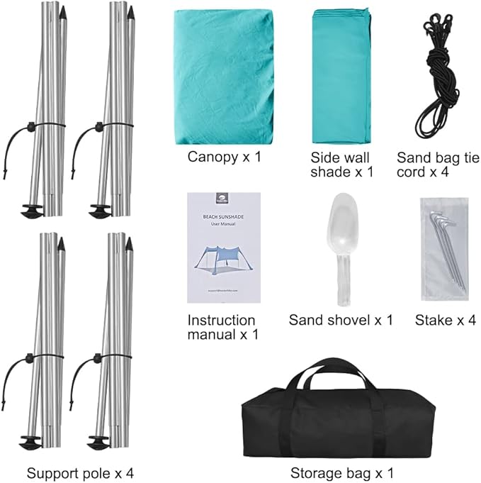 Beach Canopy Tent Shade with Sidewalls 10x10FT, 6.6FT Tall, UPF50+ Sun Shelter, Windproof & Water Resistant, Includes Guylines Sand Shovel Stability Poles, Easy Up for Beach Outdoor Camping Backyard