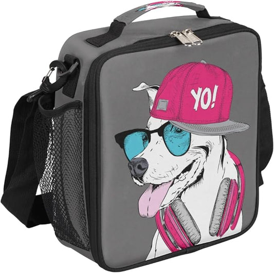 Grey Pink Dog Insulated Lunch Bag for Girls Boys Teen Funny Dog Reusable Lunch Box with Shoulder Strap Freezable Thermal Cooler Bag Meal Prep Boxs for School Travel Picnic Beach Lunch Pail