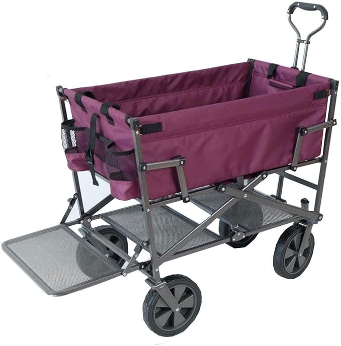 MacSports Double Decker Heavy Duty Steel Frame Collapsible Outdoor Utility Garden Cart Wagon with Lower Storage Shelf and 150 Pound Capacity, Purple