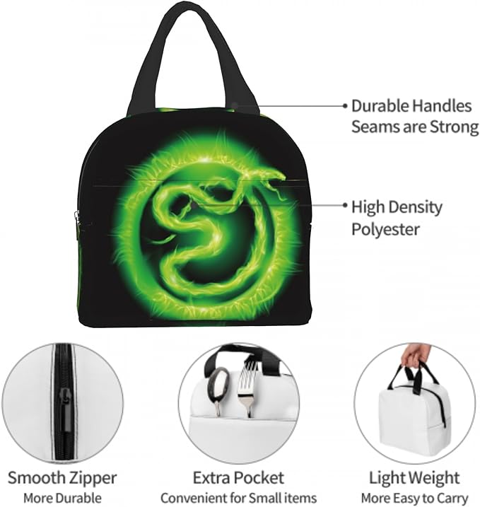 Giwawa Green Fire Snake Lunch Box, Insulated Lunch Cooler Tote Bags for Kids, Reusable Thermal Food Container Handbags for Teens Men Women Picnic Travel