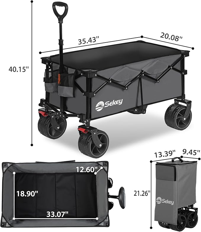 Sekey 330lbs Collapsible Foldable Wagon with Large Capacity, Heavy Duty Folding Utility Garden Cart with Big All-Terrain Beach Wheels & Drink Holders. Gray