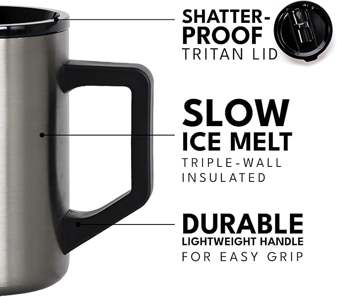 Elemental Insulated Coffee Mug - Triple-Wall Stainless Steel Summit Travel Cup for Hot and Cold Drinks - Thermal Coffee Mug with Lid and Handle for Camping, Office & Travel 16oz - Gunmetal