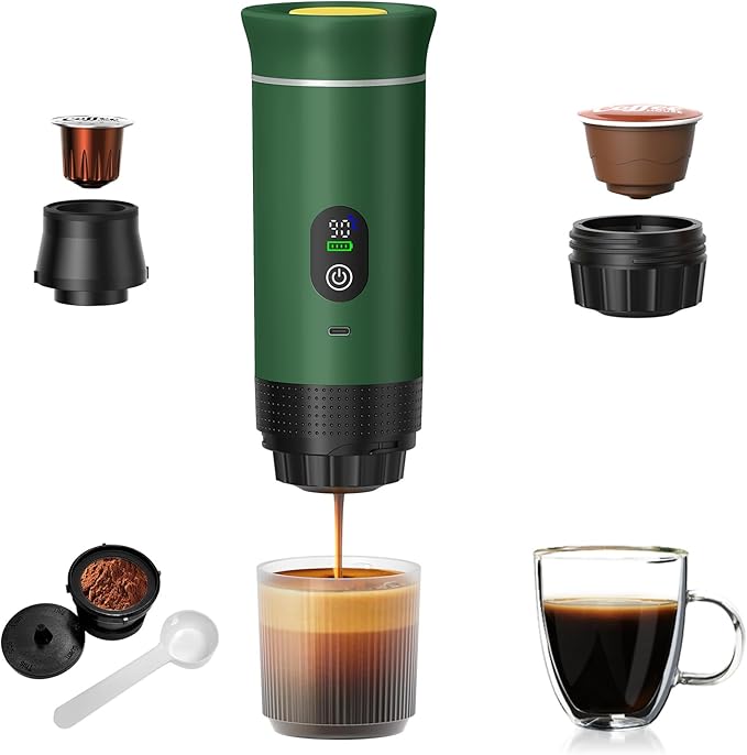 Portable Coffee Maker for Travel & Camping, Portable Espresso Maker for Travel, Rechargeable Cordless Battery Operated Coffee Makers for Ground Coffee, NS Capsule RV, Hiking, Office(Green)