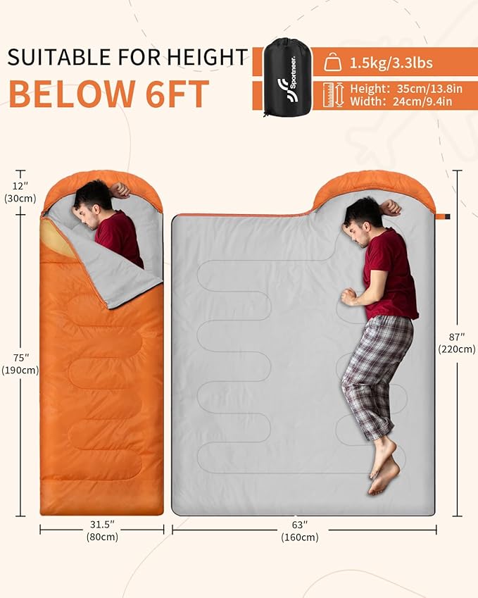 Sportneer Sleeping Bags for Adults, Warm & Cold Weather Sleeping Bag for Adults Kids Boys Girls - Lightweight Compact Camping Gear Equipment, Traveling, Backpacking, Hiking