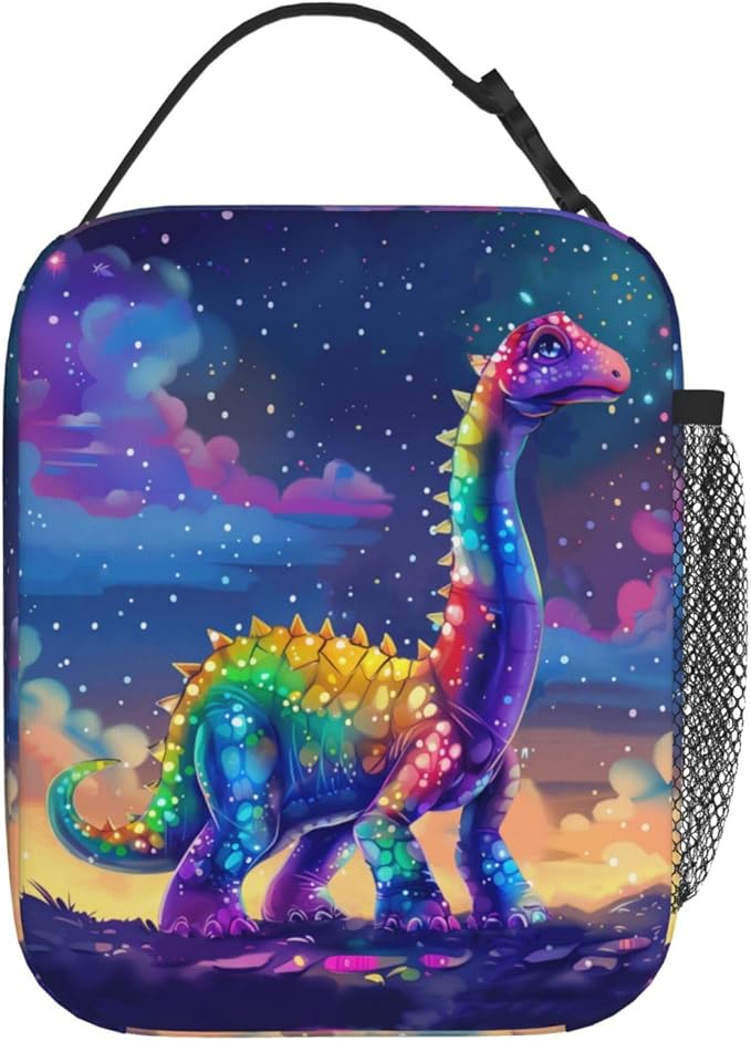 SARA NELL Dinosaur Insulated Lunch Bag Cute Dino Rainbow Tie Dye Body in Magic Sparkle Space Lunch Box for Women Men Teens Kids, Reusable Lunch Tote Bag