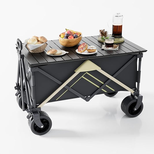 Wagons Carts Foldable,Wagon with Table Top,Beach Wagon with Big Wheels for Sand,Camping Sports Garden Beach Grocery(Black)