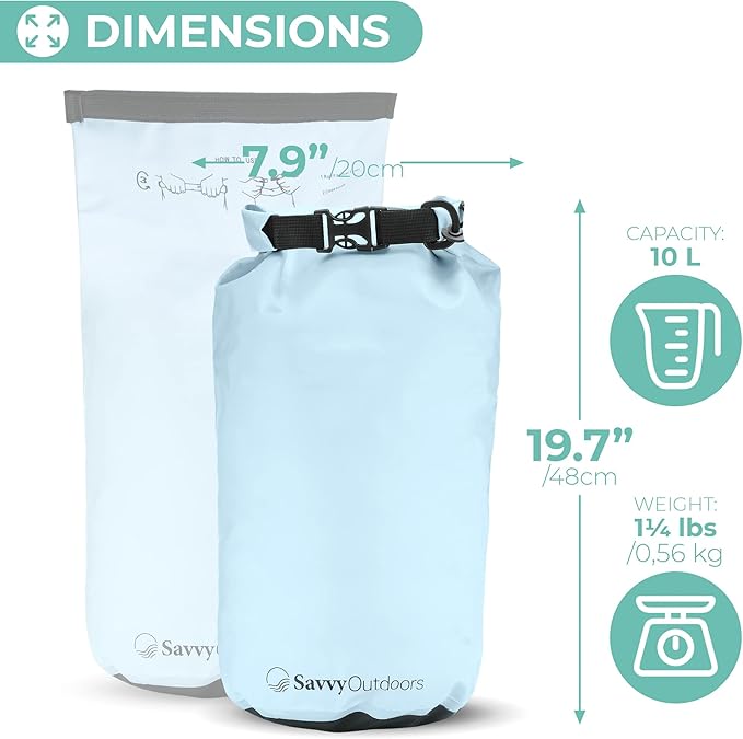 Savvy Outdoors Waterproof Dry Bag - Dry Bags for Food & Gear, Stuff Sacks for Backpacking and Camping Equipment, Waterproof Bag for Beach, Boating, Kayaking, Available in 5L, 10L, 20L, or 30L, Mint