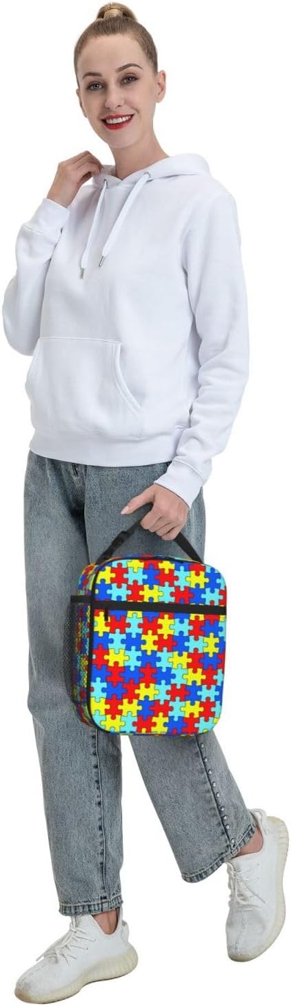 Colorful Puzzle Rainbow Piece Insulated Lunch Bag Reusable Cooler Lunch Box Portable Leakproof Thermal Container Tote Bags for Girls Boys School Travel