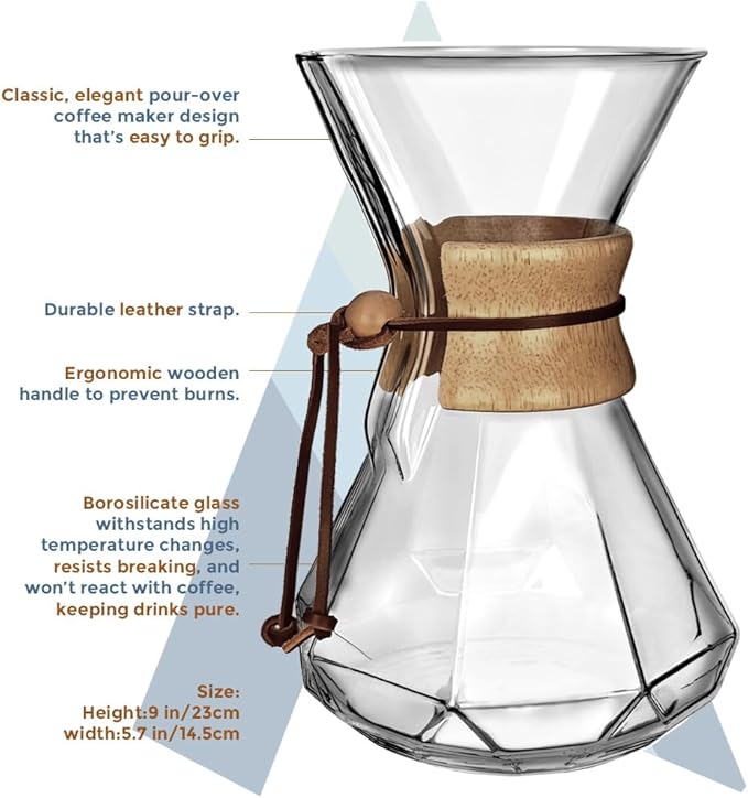 AGOGO Pour Over Coffee Maker Glass - 6/8/10 Cup Barista Kit with 304 Stainless Filter for Home, Office, Camping, Cafes - Easy Clean Coffee Dripper Set (Rag&Brush Included) (10 Cup/34 oz-Diamond Shape)