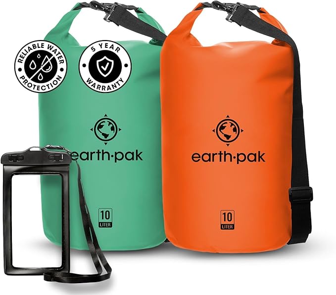 Earth Pak Waterproof Dry Bag - Roll Top Waterproof Backpack Sack (10L Seafoam Green & 10L Orange)