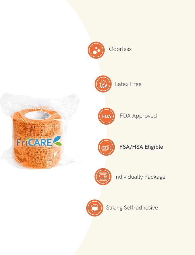 FriCARE Self Adhesive Bandage Wrap, Medical Tape in First Aid Kit, Cohesive Bandages for Wounds Sport Vet, FSA/HSA Eligible, 2 Inches X 5 Yards 6 Rolls, Orange
