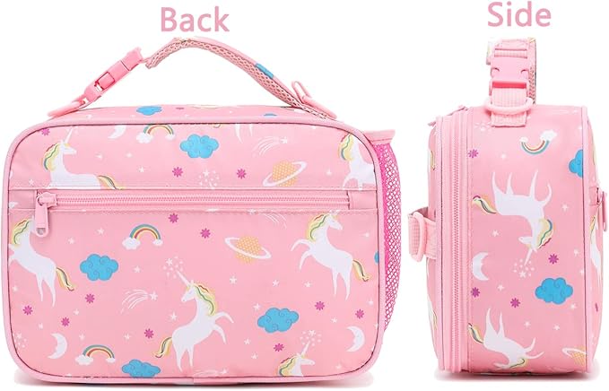 FlowFly Kids Lunch Bag, Durable Insulated School Lunch Box with Shoulder Strap and Bottle Holder, Water-resistant Thermal Small Lunch Cooler Tote for Teen Boys & Girls,Pink#Unicorn