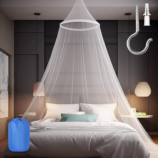Mosquito Net for Bed, Large White Bed Canopy for Girls, Hanging Bed Net, Easy Installation Ideal for Bedroom Decorative, Travel with Storage Bag (Lace Flower)
