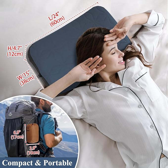 Camping Pillow with Removable Cover Large Size 24“ x 15" - Ultralight Inflatable Pillow for Camping Lightweight, Ergonomic and Washable for Camping, Hiking, and Travel Gray
