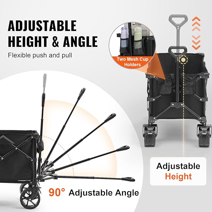 VEVOR 350LBS Collapsible Wagon Cart Heavy Duty Foldable 113L, Folding Beach Utility Wagon with Big Wheels, Portable Grocery Cart for Groceries Camping Sports Garden