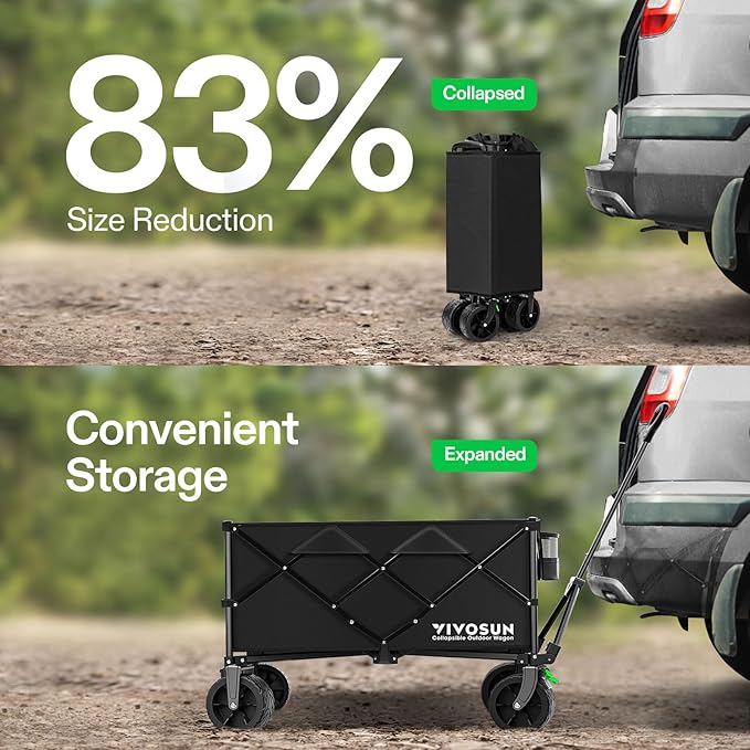 VIVOSUN Collapsible Folding Wagon, Outdoor Utility with Silent All-Terrain Wide Wheels, Adjustable Handle, Cup Holders & Side Pockets, for Camping, Beach, Shopping, Garden, Sports, Picnic, Black