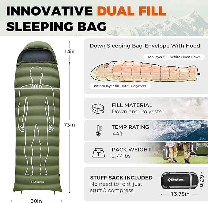KingCamp Down Sleeping Bag for Adults, 600 FP Cold Weather 3-4 Season Sleeping Bag, Ultralight & Compact with Compression Sack for Backpacking, Camping, Hiking
