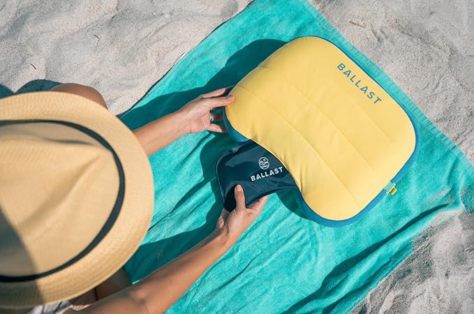 Ballast Beach Pillow – Comfy, Durable & Compact, Stays Put on Windy Beaches with Patented Sand Pouch, Inflatable Pillow for Beaches, Pools, Camping, Festivals and Travel (Sunshine Yellow)