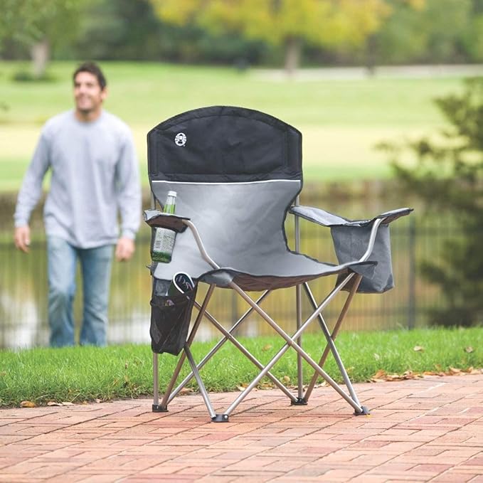 Coleman Portable Quad Camping Chair with 4-Can Cooler, Cushioned Seat & Back with Side Pockets & Cup Holder, Carry Bag Included