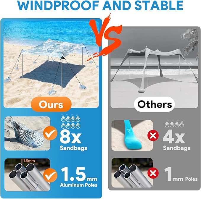 Beach Tent Sun Shelter, 10 x 10 FT Beach Canopy Tent Sun Shade, UPF50+ Beach Tent Canopy with 8 Sandbags & 4 Stability Poles, Outdoor Beach Tent for Beach Camping Fishing, Starfish