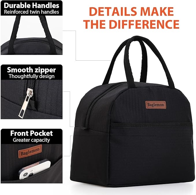 Insulated Lunch Bag for Women Men, Lunch Containers Reusable High Capacity Lunch Tote Bags for for Work Picnic(Black)